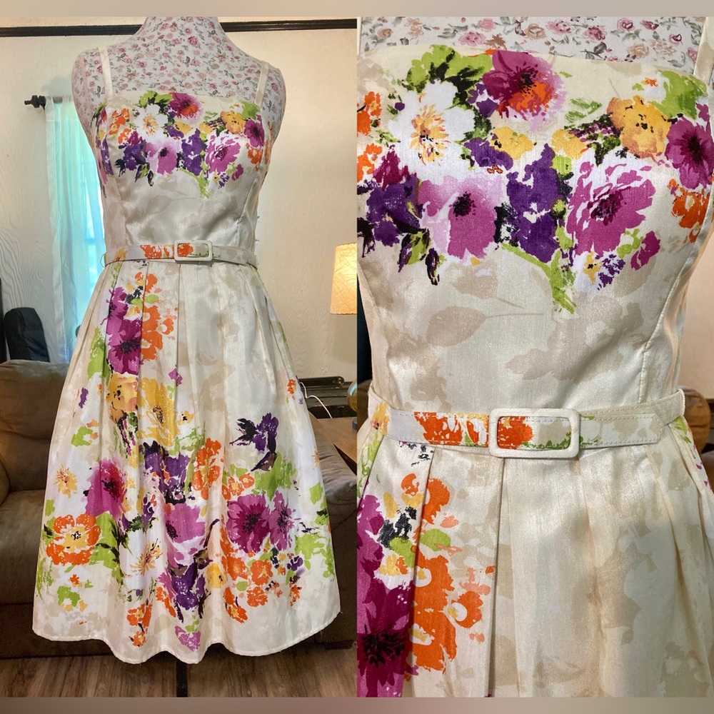 Floral belted midi dress fitted bodice full flare skirt thin straps 1950s style